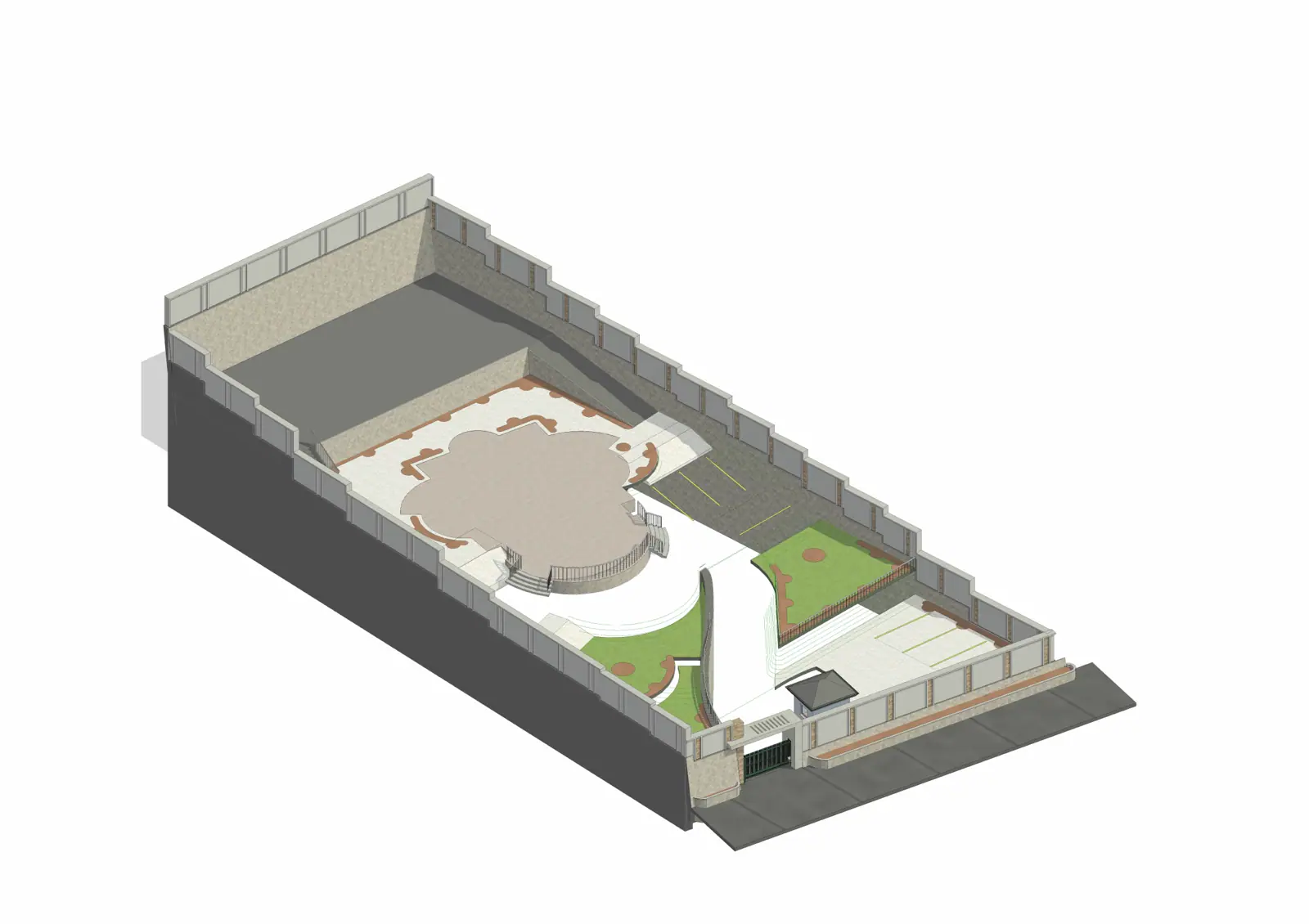 Model view of a terraced landscape: walls, levels and planting as real elements