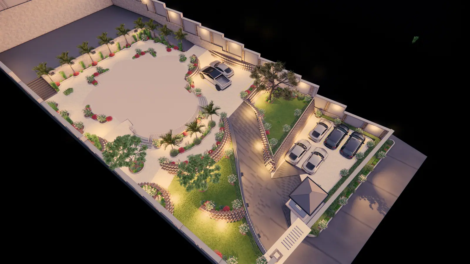 The same terraced landscape rendered at night