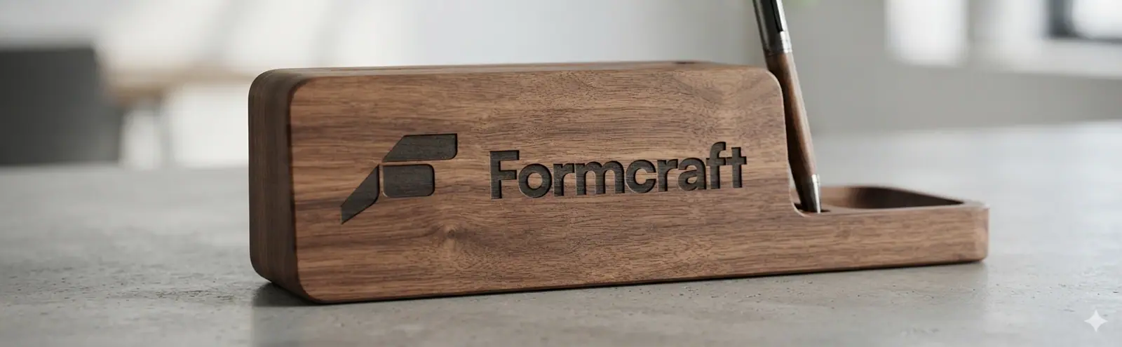 Walnut desk organiser with the Formcraft wordmark engraved